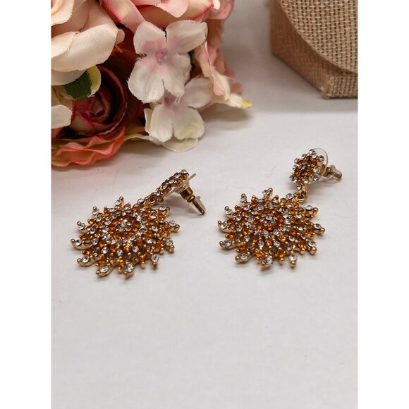 Pierced Earrings 2" Long Fiery Sun Burst and Gold Plated Stunning Earrings - Picture 4 of 10